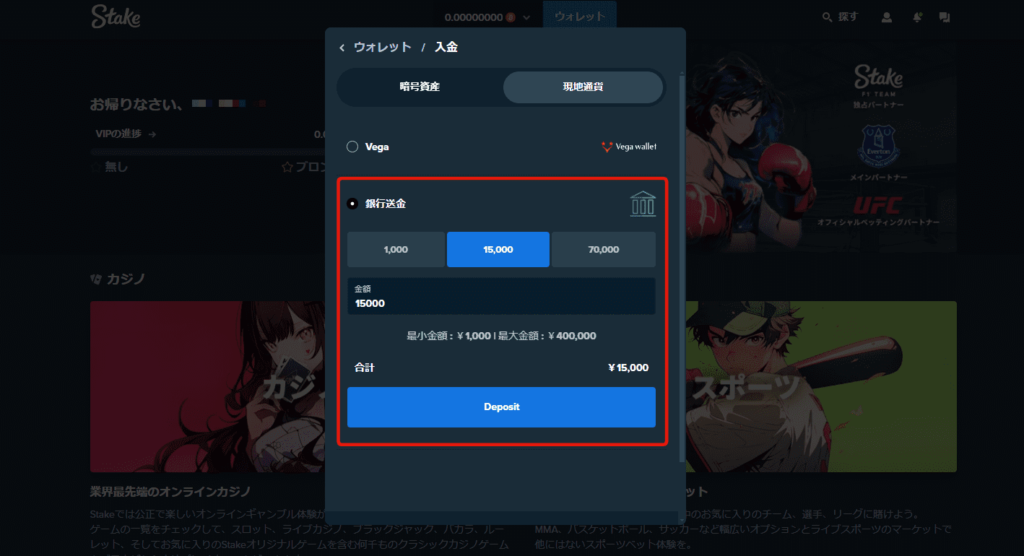 ステークカジノ入金画面3